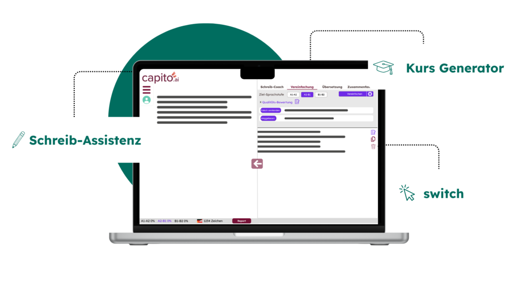 Ein Mock-Up von einem Laptop, der die Desktop-Anwendung von capito.ai zeigt. Daneben sind Boxen in denen Schreib-Assistenz, Kurs Generator und switch steht. Das sind alle Lösungen von capito.ai.